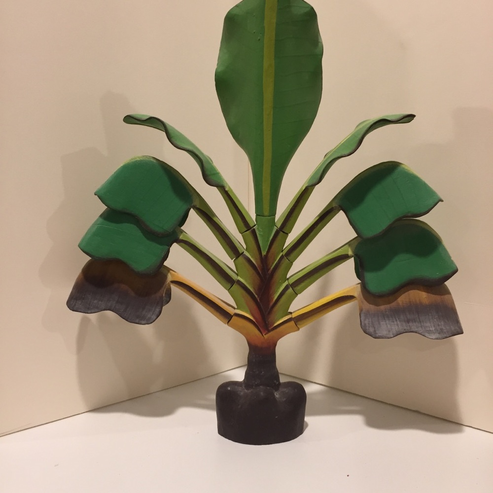Hand carved and painted wooden banana palm tree
